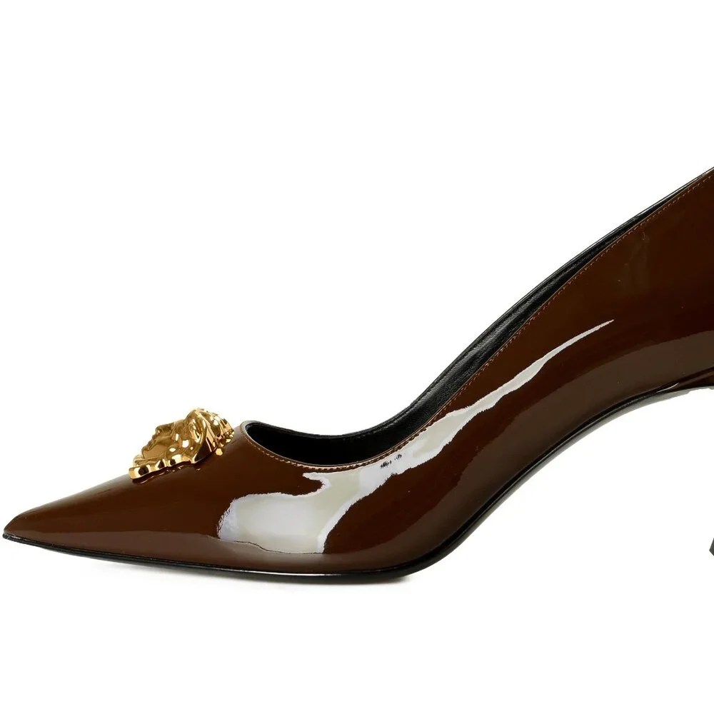 Versace Women's Gold Medusa Chocolate Patent Leather Pump Shoes US 10 IT 40 - Picture 2 of 8